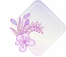 Composition of isolated cute cartoon botanical elements with lilac outline on gradient geometric frame background. Digital illustration in flat style, suitable for card making, branding, social media.