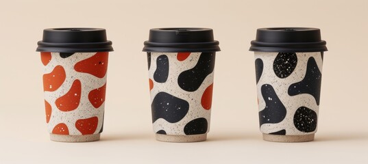 Abstract coffee shop cup designs on neutral pastel background, modern takeaway cup concept