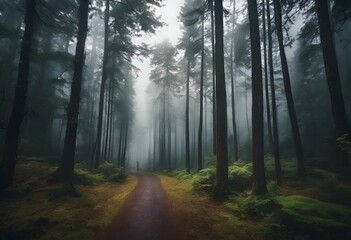 AI generated illustration of a misty forest road illuminated by ethereal light - obrazy, fototapety, plakaty