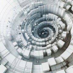 Abstract 3d render, white circular geometric background design with boxes and cubes. Digital illustration, generative ai