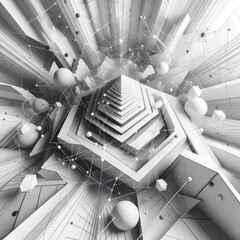 Abstract 3d render, white triangular geometric background design with small pyramids and spheres. Digital illustration, generative ai