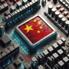 Flag of China on a processor, CPU Central processing Unit or GPU microchip on a motherboard. Digital illustration, generative ai