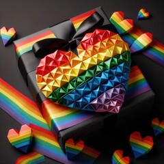 Gift box of LGBTQ love with large rainbow heart on a black fabric background. Digital illustration, generative ai