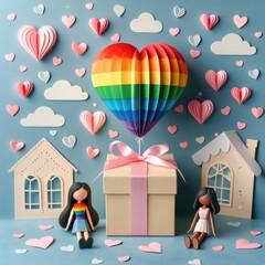 LGBTQ lesbian lovers gift box with a large rainbow heart balloon of rainbow colors and female dolls. LGBTQ love concept. Digital illustration, generative ai