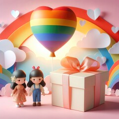 LGBTQ lesbian lovers gift box with a large rainbow heart balloon of rainbow colors and female dolls. LGBTQ love concept. Digital illustration, generative ai