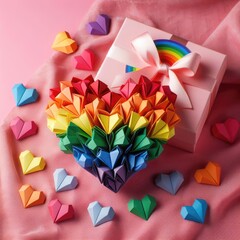 LGBTQ Valentine's Day gift box with a large rainbow heart of rainbow colors on a pink fabric background. Digital illustration, generative ai