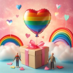 LGBTQ gay lovers gift box with a large rainbow heart balloon of rainbow colors and male dolls. LGBTQ love concept. Digital illustration