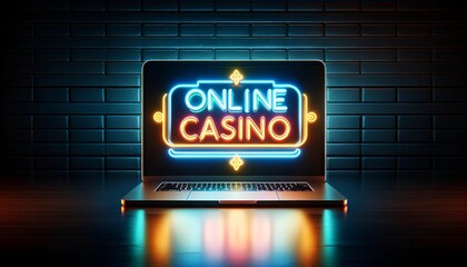 Neon sign of online casino on a computer.
