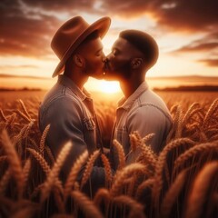 Romantic LGBTQ gay couple in love kissing at sunset in a wheat field. Digital illustration. Generative AI