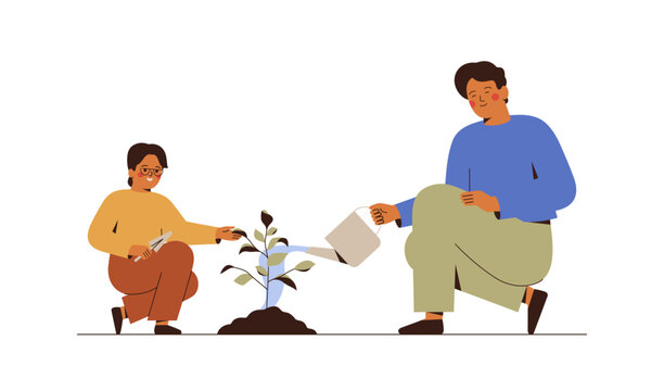 Father and son planting young tree in the ground. Happy man and small boy watering sapling outside together.  Green ecology and environment forest conservation concept. Vector illustration