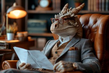 Dragon in an elegant business suit. A modern view of business. Abstract image. Photorealism - obrazy, fototapety, plakaty