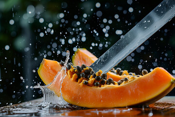 papaya slices with knife and water drops and splashes on natural background