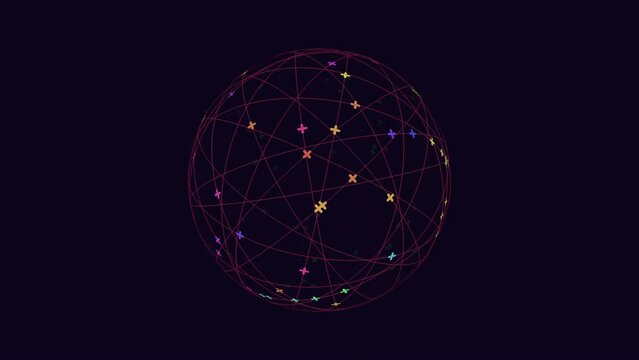 A colorful network of lines and dots portrays connections and information within a complex system. Dots represent points, while lines depict relationships between them