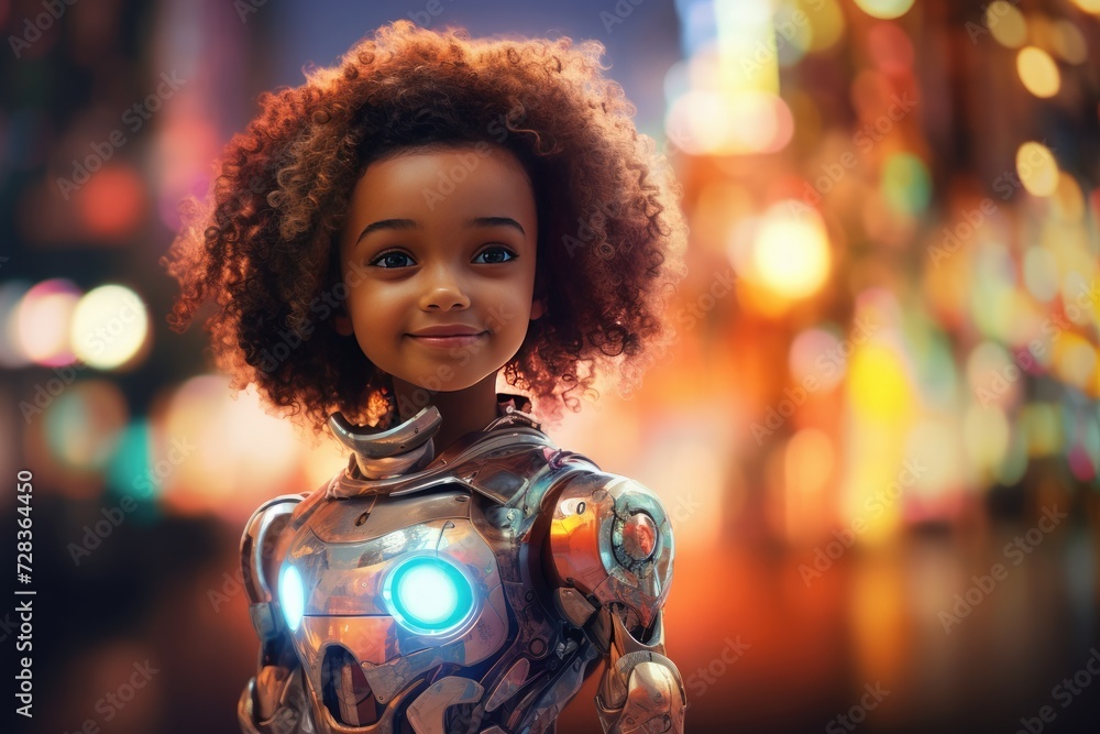 Wall mural back to school concept, human kid use robot for simplifying life with ai generative ai