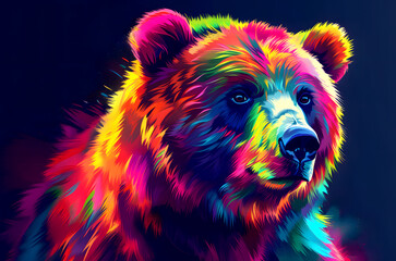 A colorful bear in vibrant bright colors background. Ai generated.
