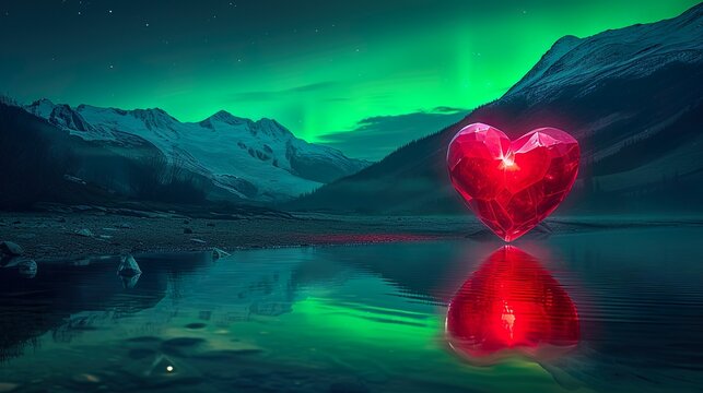 Red Krystall heart over a lake made with Ai generative technology