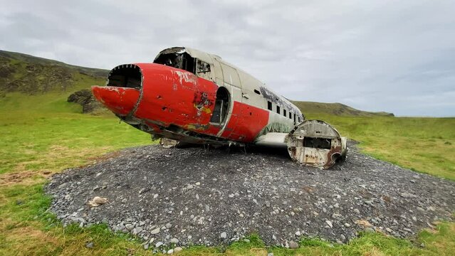 DC-3 plane (United States navy) wreckage in Eyvindarholt, Iceland during summer