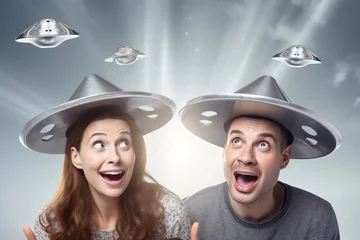 Foto op Aluminium man and woman holding metallic hats, exaggerated emotions, futuristic spaceship, ufos in the sky, conspiracy theory concept © zgurski1980