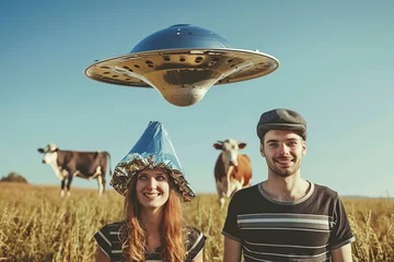 Foto op Plexiglas man and woman holding metallic hats, flying cow in the sky, exaggerated emotions, futuristic spaceship, ufos in the sky, conspiracy theory concept © zgurski1980