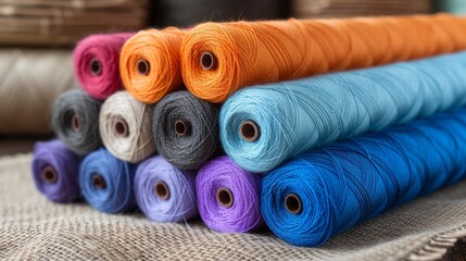 Colorful cotton threads on tailor textile fabric background in various shades and hues