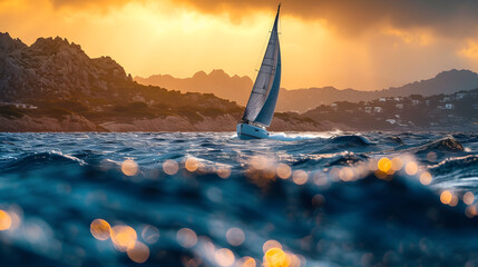 A yacht, with distant islands as the background, during a race - obrazy, fototapety, plakaty