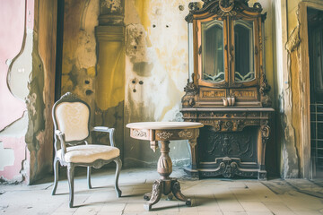 Fototapeta na wymiar Interior of an abandoned house, wooden table and chair dominate the scene 