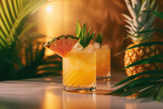 Tropical cocktail with pineapple in glass, green blurred plants on the background. AI generated.