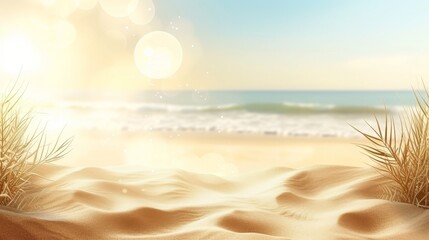 Soothing beach with sand dunes, plants, and abstract sunlight for text placement