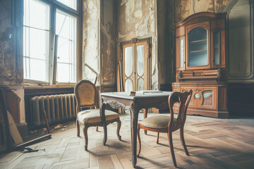 Fototapeta na wymiar Interior of an abandoned house, wooden table and chair dominate the scene
