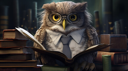 A wise owl professor with glasses and a stack of books, imparting knowledge to a group of woodland creatures, Wise Owl, Ultra Realistic, National Geographic, Digital Art, Any Style,