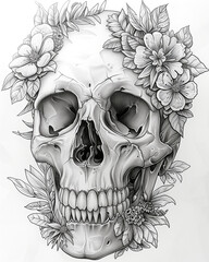 Fototapeta premium poster for coloring book with a drawing of a mexican skull head in black and white. day of the dead and tradition.