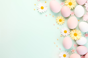 Fototapeta na wymiar Easter holiday background with eggs and flowers. Easter template, mockup, with copy space for text.