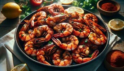 Tasty shrimps with lemon and herbs in pan on table