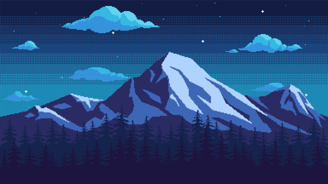 Pixel art mountain background at night. Seamless landscape backdrop of a pine forest, snow-capped peaks and a cloudy sky with stars. Nature horizontal vector illustration.
