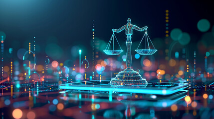 AI Compliance Framework: Scales and Legal Symbols Amid Holographic AI Icons, Contemporary Style, Versatile Usage, Vibrant Colors, Clean Composition, High Resolution,  - Powered by Adobe
