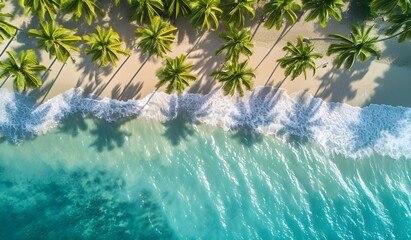 Top view topical beach with palm trees - obrazy, fototapety, plakaty