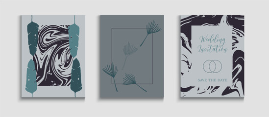 Abstract Retro Vector Cards Set. Tie-Dye, Tropical Leaves Posters.