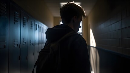 A young person, shoulders slouched, standing alone in a dimly lit school corridor
