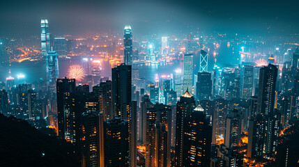 A stunning cityscape at night with colorful fireworks lighting up the sky, symbolizing the joyous celebration of Chinese New Year in an urban setting.  - obrazy, fototapety, plakaty