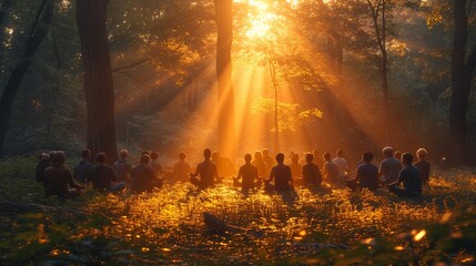 Sunrise Meditation in the Forest A Group of People Practicing Mindfulness and Connecting with Nature Generative AI - obrazy, fototapety, plakaty