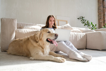 Young female freelancer work with laptop at home. Her golden retriever is laying near woman at home