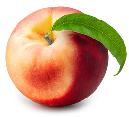 Yellow Peach fruit with leaf isolated on white background, Fresh Yellow Peach on White Background, with clipping path.