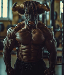 A medium body shot of a strong bull in a gym, bodybuilding concept illustration