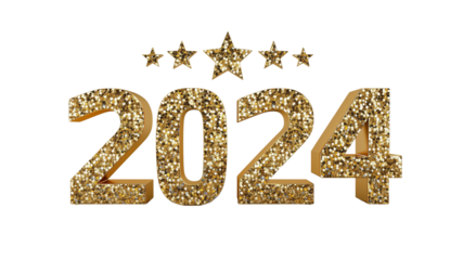 Glittering gold sequined 2024 numbers with sparkling stars on a transparent background for festive celebrations