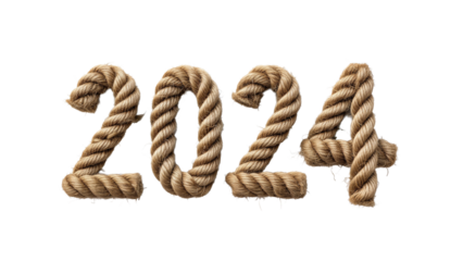 Rope numbers forming 2024 on a transparent background, concept of strength and durability in continuity and sport
