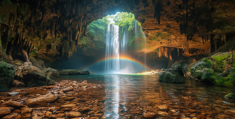 waterfall in the forest, waterfall on the rocks, waterfall in the mountains, a visually striking shot of a rainbow arcing
