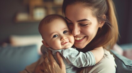 mother cuddling her baby with smile on their faces and adorable look on baby face