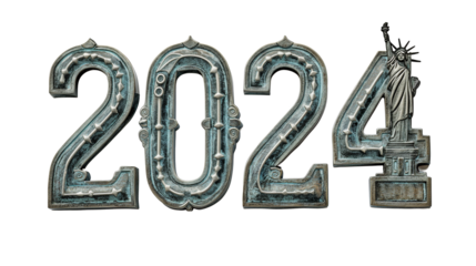 Vintage metallic 2024 figures with Statue of Liberty incorporated into the last digit, isolated on a transparent background, symbolizing events and themes related to the United States