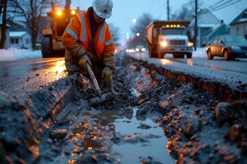 Pothole Repair Worker in Action During Winter Months Generative AI