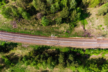 Top view of a railway with two tracks running among green nature